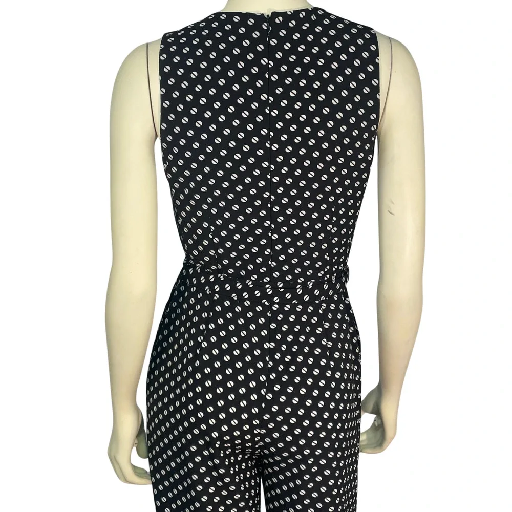 Michael Kors Sz 2 Belted Jumpsuit Cropped Pants V-Neck Bodice Black White Dots - Picture 12 of 13